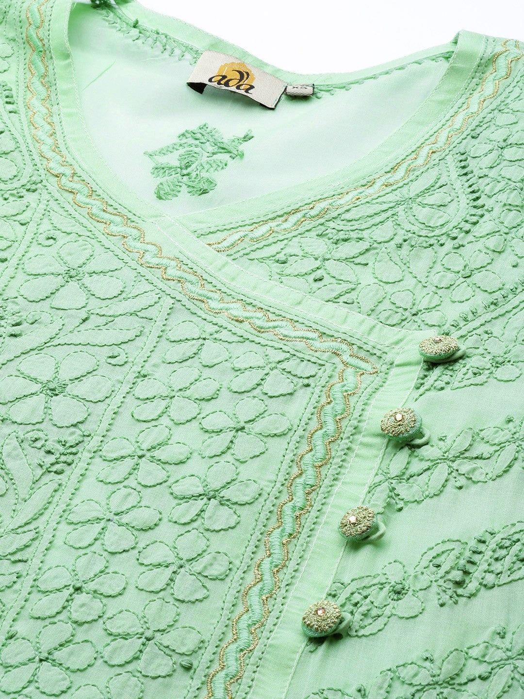 Ada Hand Embroidered Green Cotton Lucknow Chikan Kurta-A411254