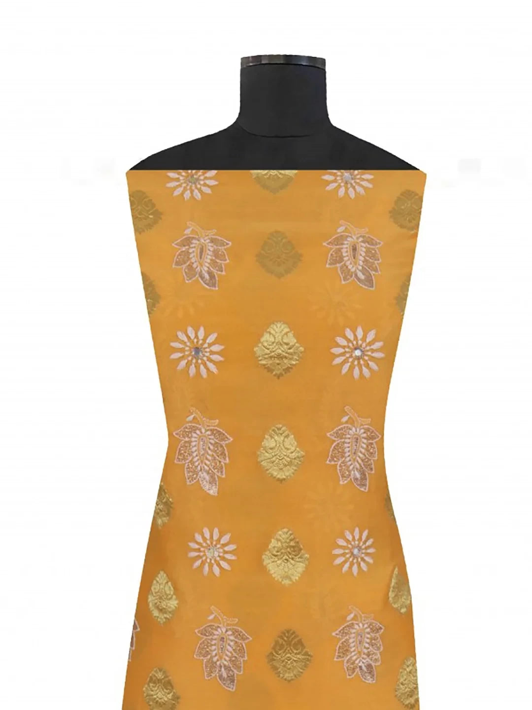 Ada Hand Embroidered Mustard Chanderi Lucknowi Chikankari Unstitched Kurta Piece With Zari Work 01A139632