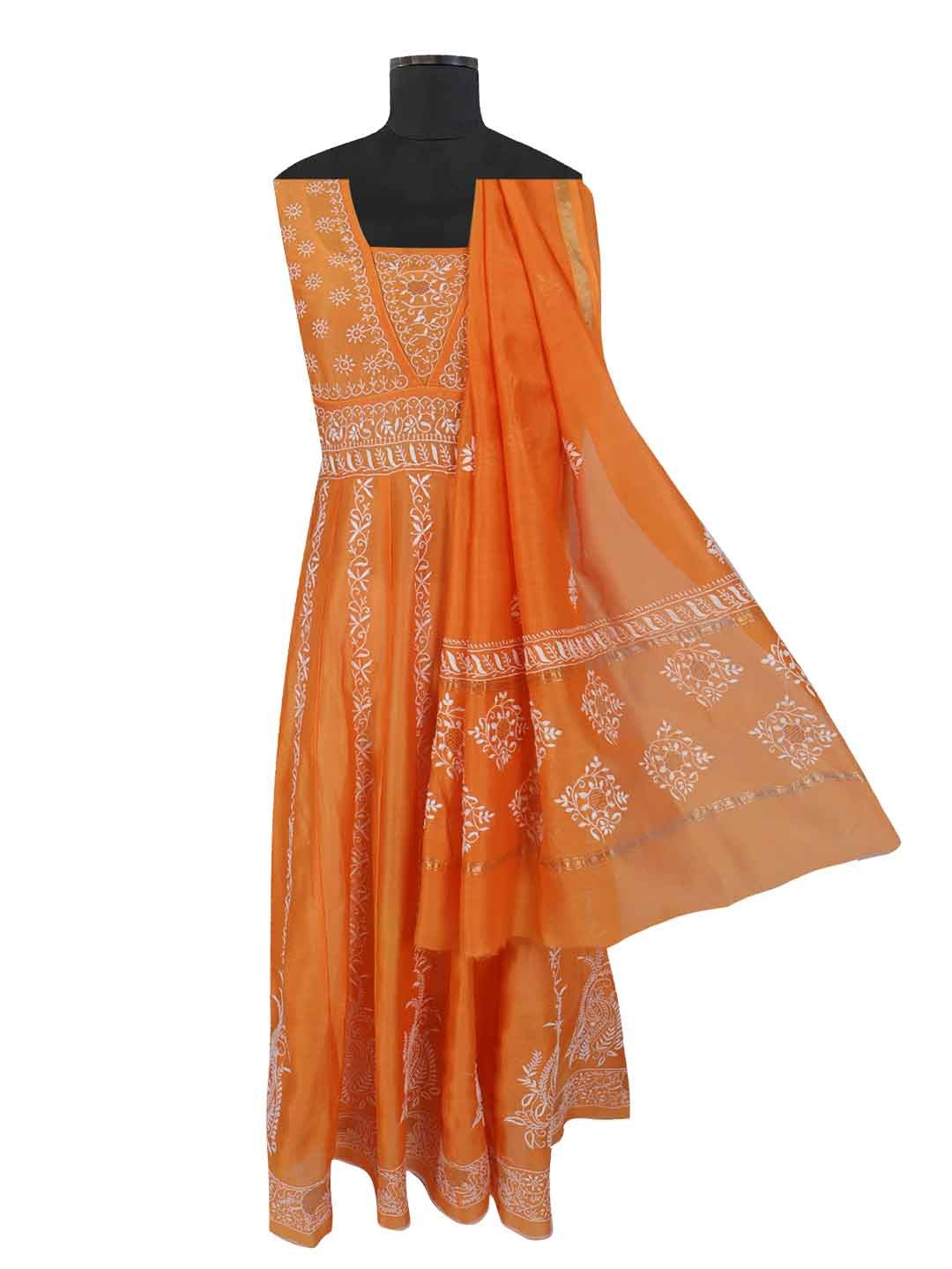 Ada Hand Embroidered Orange Chanderi Lucknowi Chikankari Semi-Stitched Anarkali Kurta Dupatta Set With Zari Work 01A205816