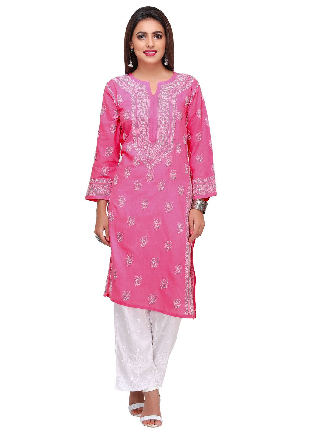 Ada Hand Embroidered Onion Pink Cotton Lucknowi Chikankari Straight Kurta A414011