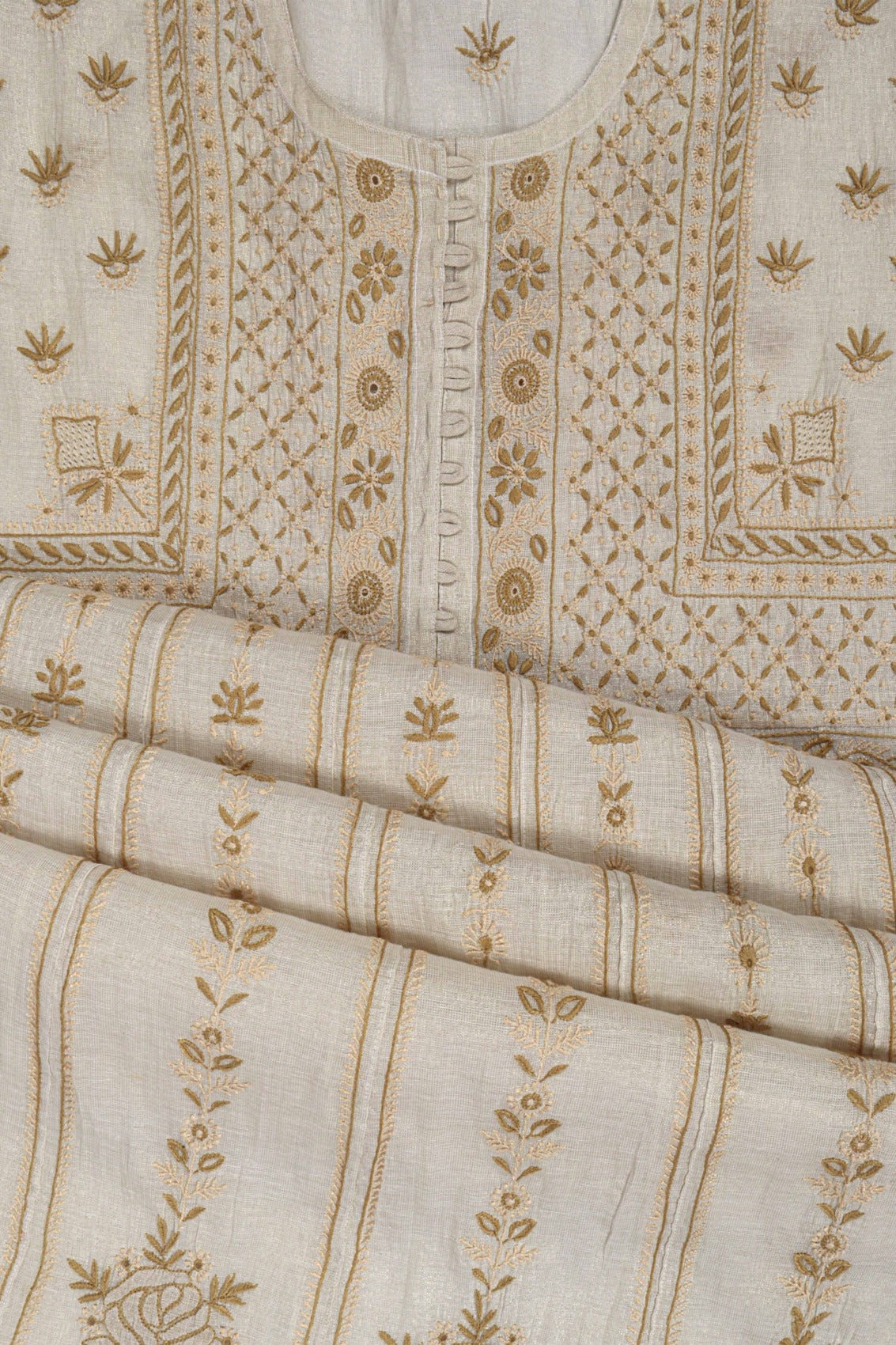 Ada Hand Embroidered Cream Tissue Lucknowi Chikankari Semi-Stitched Anarkali Kurta Dupatta Set 01A146179