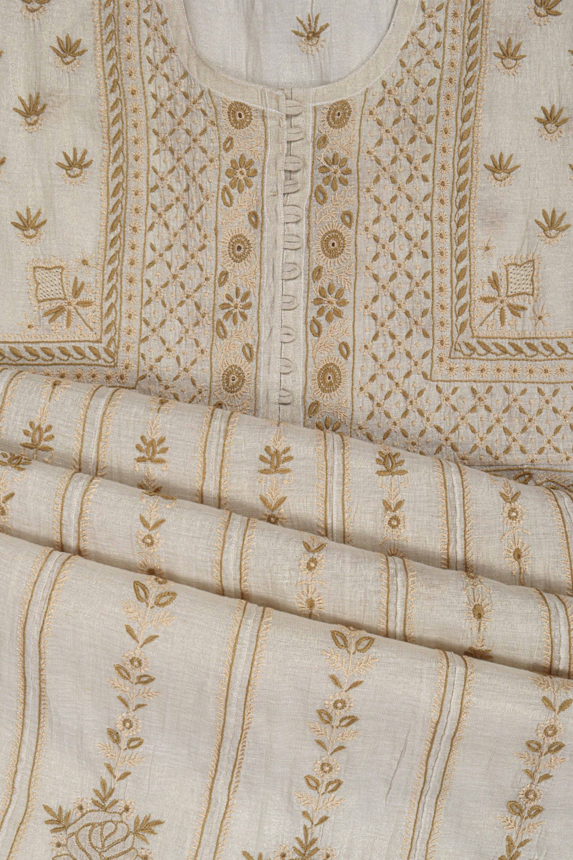 Ada Hand Embroidered Cream Tissue Lucknowi Chikankari Semi-Stitched Anarkali Kurta Dupatta Set 01A146179