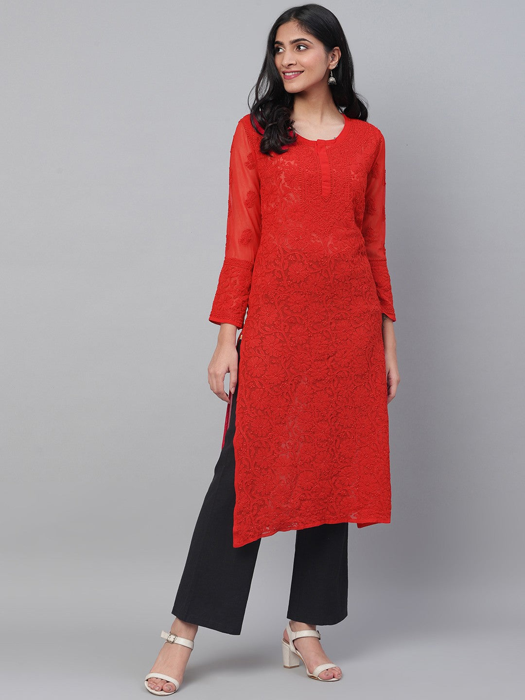 Ada Hand Embroidered Red Faux Georgette Lucknow Chikankari Straight Kurta A100591