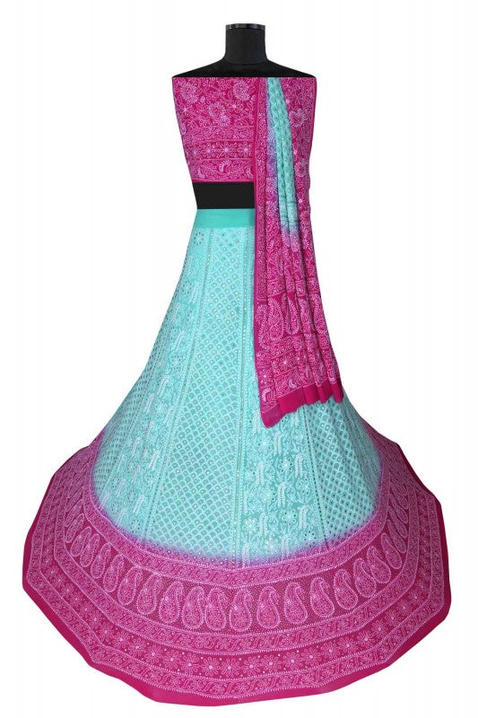 Ada Hand Embroidered Magenta/Sea Green Shaded Pure Georgette Lucknowi Chikankari Lehenga Set With Muqaish Work-A574888
