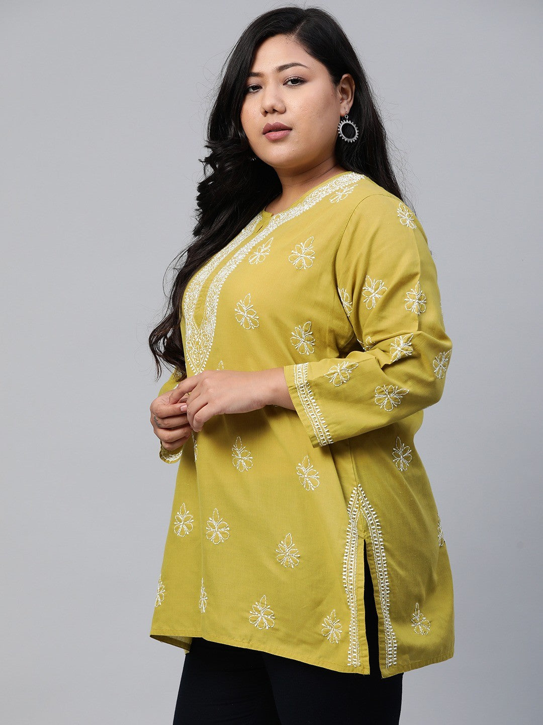 Ada Hand Embroidered Green Cotton Lucknowi Chikankari Short Kurti A210822