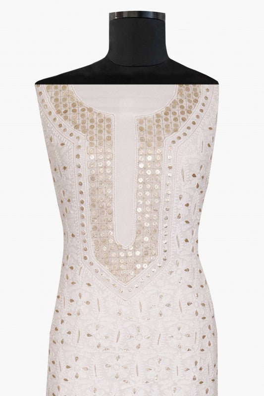 Ada Hand Embroidered White Georgette Lucknowi Chikan Unstitched Kurta Piece with Gota Patti Work A611972