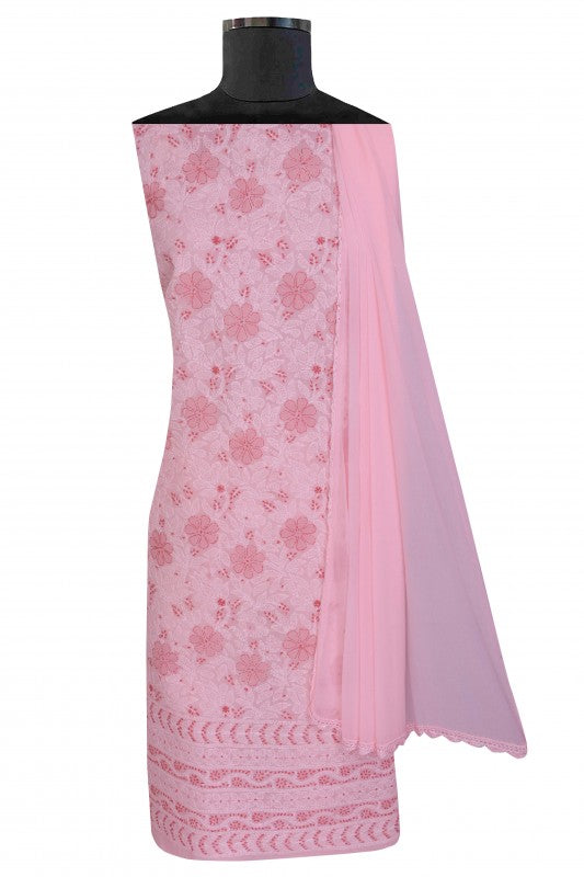 Ada Hand Embroidered Light Pink Cotton Lucknowi Chikan Unstitched Suit Piece-A100301