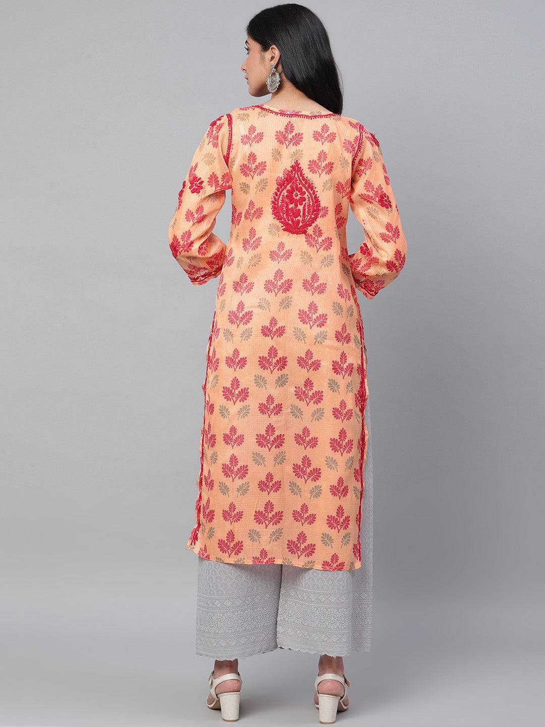 Ada Hand Embroidered Peach Kota Lucknowi Chikankari Straight Kurta A100582