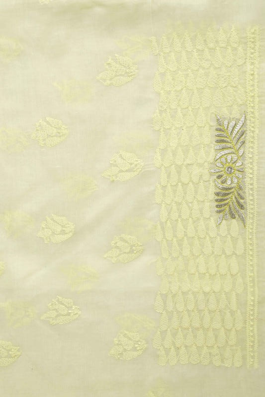 Ada Hand Embroidered Lemon Cotton Lucknowi Chikan Unstitched Suit Piece–A100185