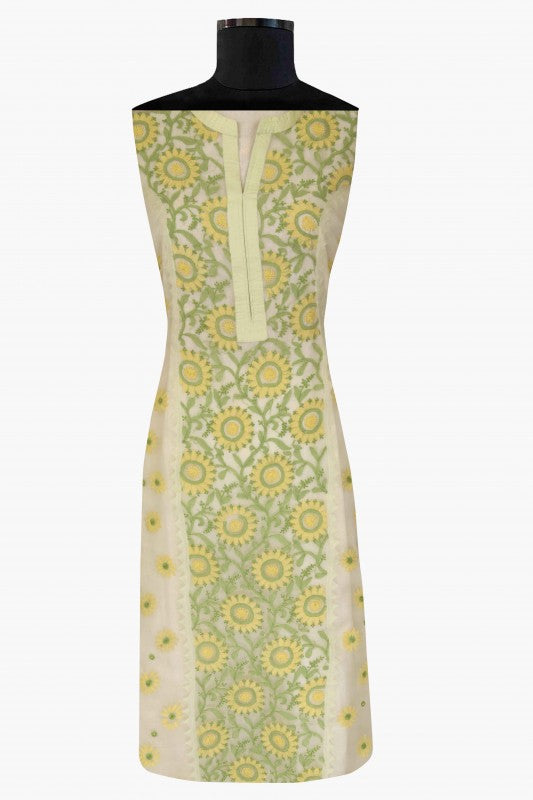 Ada Hand Embroidered Lemon Organza Lucknowi Chikan Unstitched Kurta Dupatta Set -A587997
