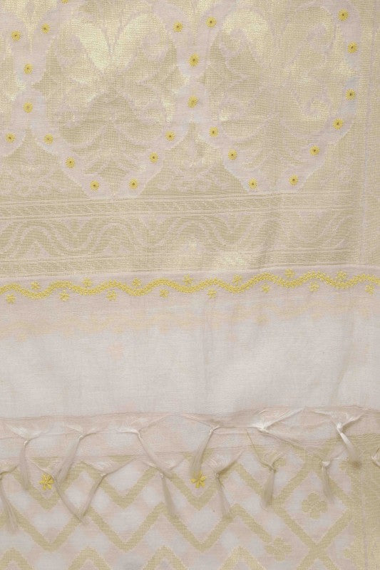 Ada Hand Embroidered Off White Chanderi Lucknowi Chikankari Dupatta-A608067