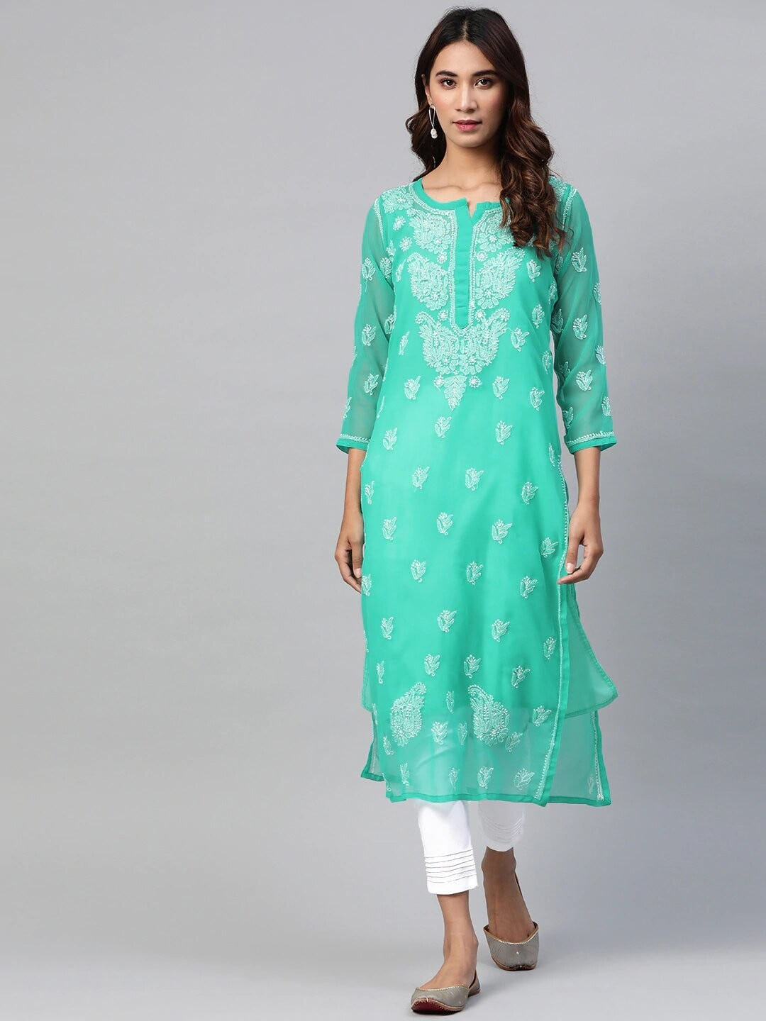 Ada Hand Embroidered Sea Green Georgette Lucknowi Chikankari Kurta Set with Slip A811161