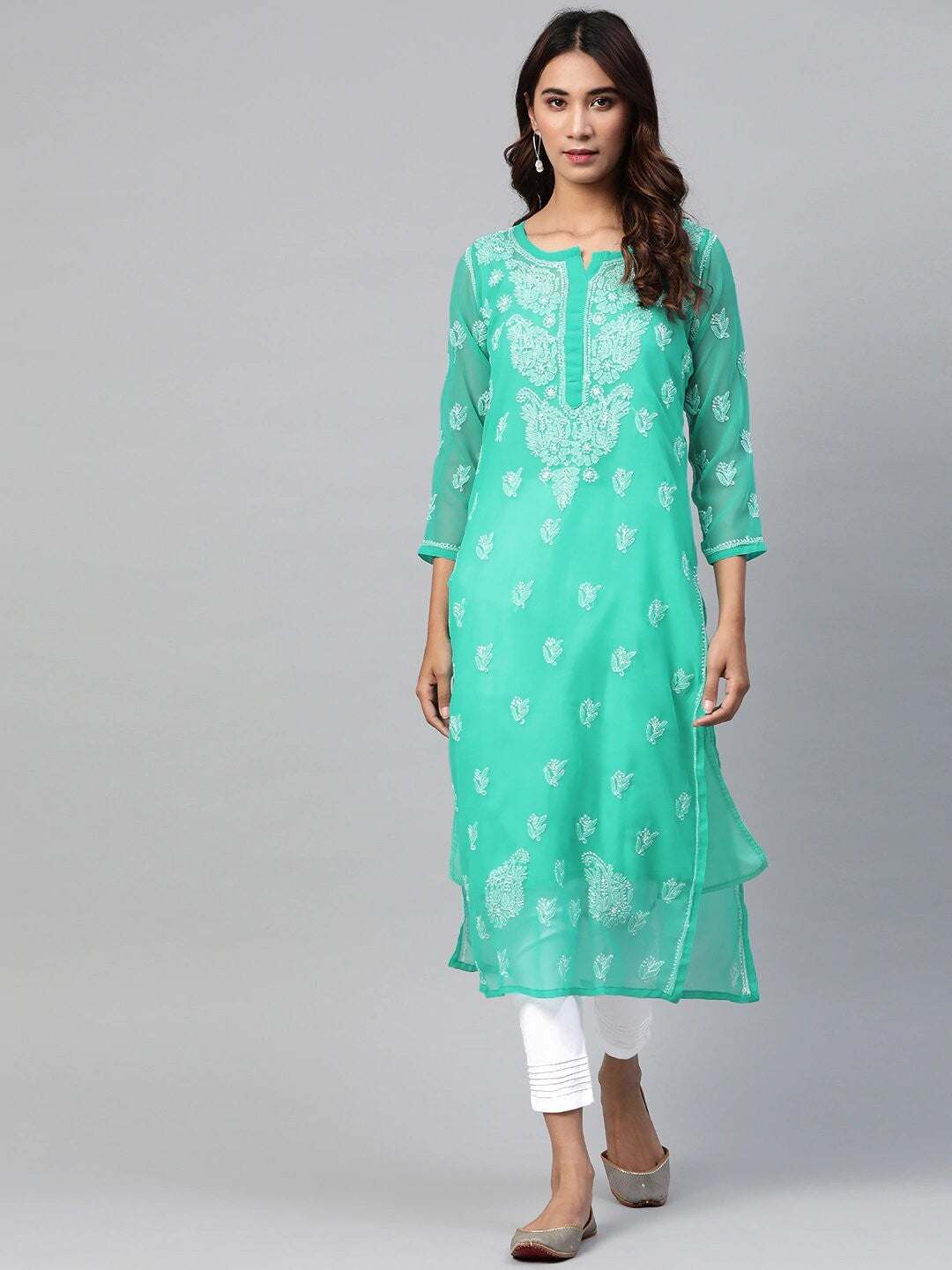 Ada Hand Embroidered Sea Green Georgette Lucknowi Chikankari Kurta Set with Slip A811161