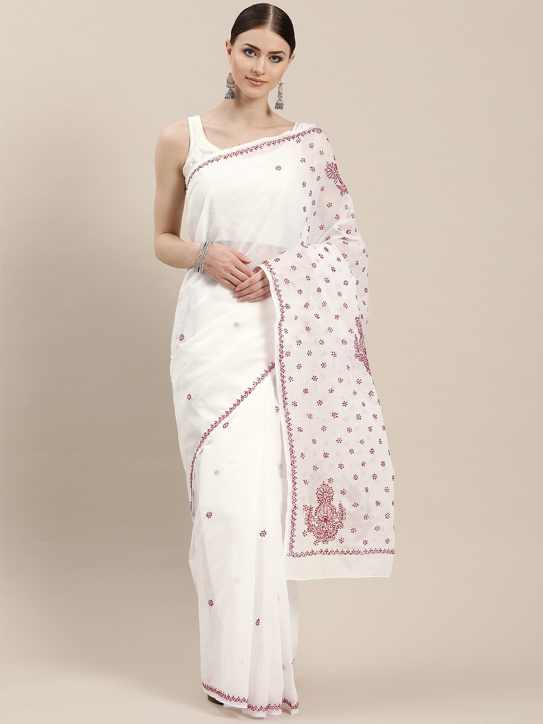 Ada Hand Embroidered White Cotton Lucknow Chikan Saree with Blouse A100203