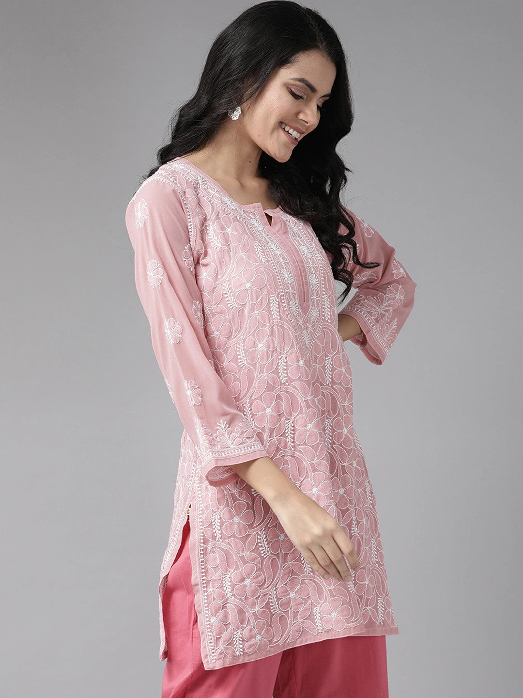Ada Hand Embroidered Onion Pink Georgette Lucknowi Chikankari Short Kurti A911123