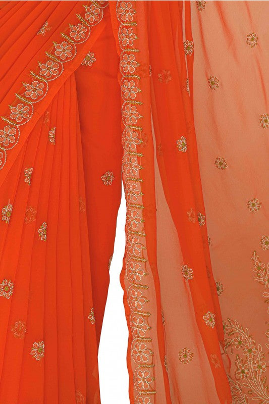 Ada Hand Embroidered Salamander Orange Georgette Lucknowi Chikankari Saree with Blouse A284586
