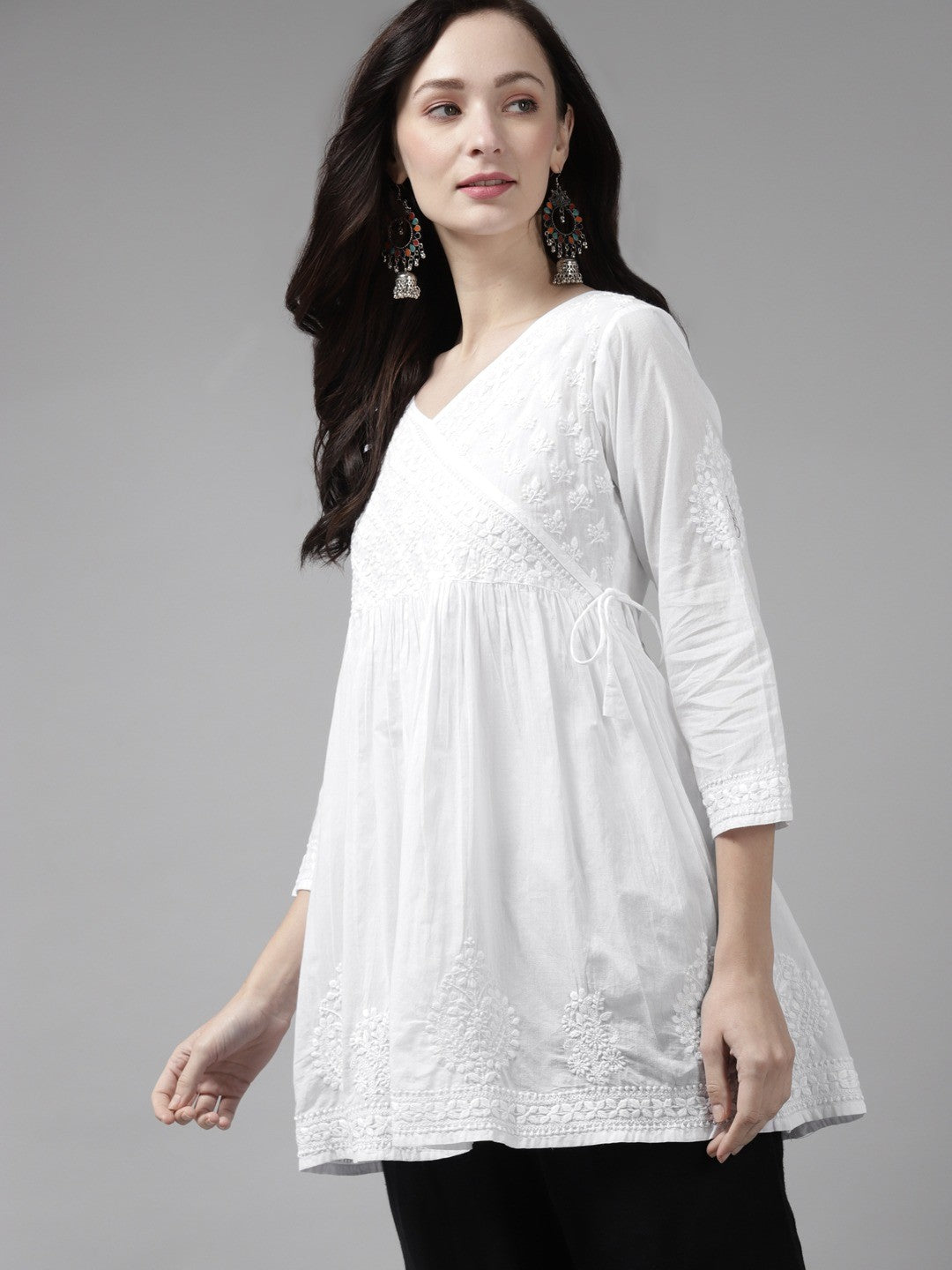 Ada Hand Embroidered White Cotton Lucknow Chikankari Angarkha Top A911159