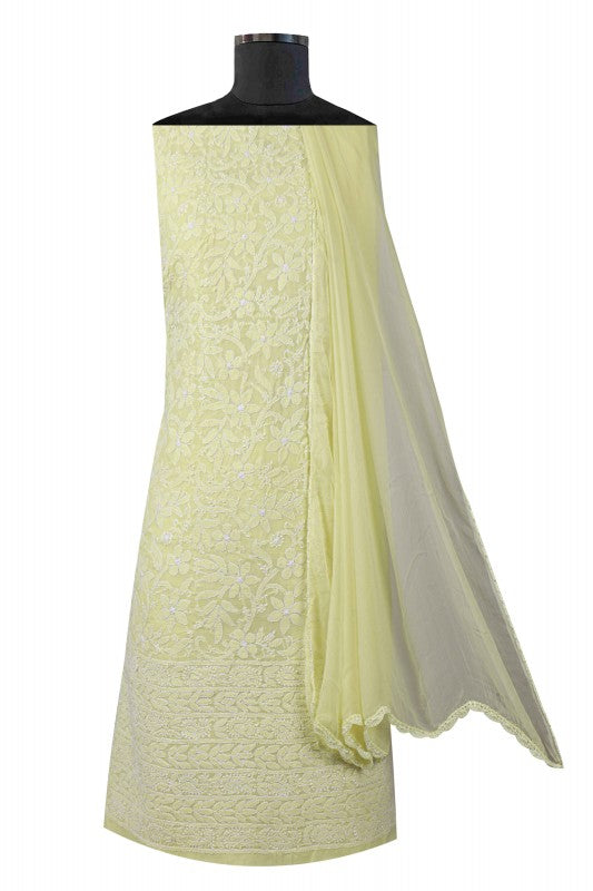 Ada Hand Embroidered Lemon Cotton Lucknowi Chikan Unstitched Suit Piece A620501