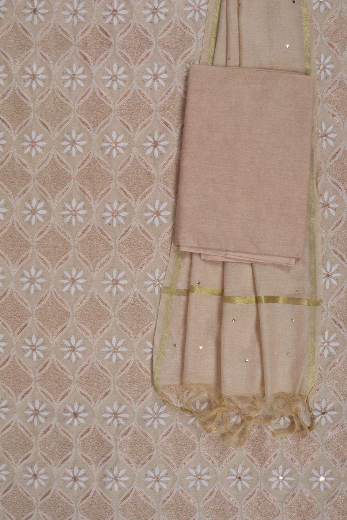 Ada Hand Embroidered Natural Light Fawn Tissue Lucknowi Chikankari Unstitched Suit Piece With Zari Work 01A42153