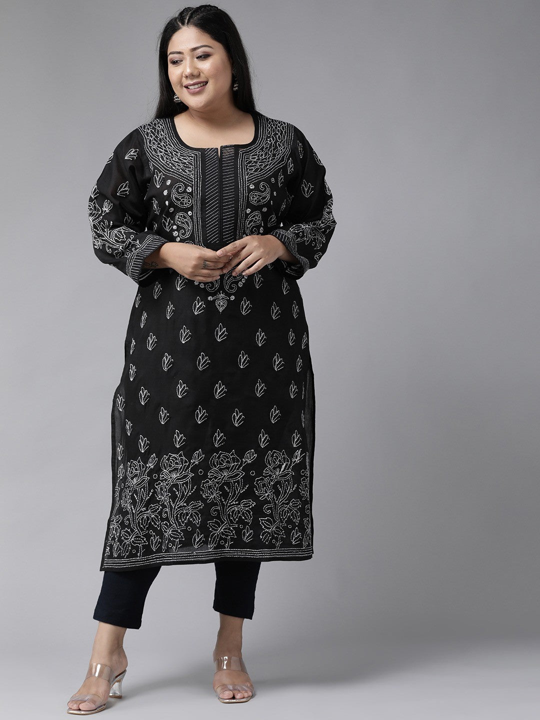 Ada Hand Embroidered Black Cotton Lucknow Chikan Straight Kurta A237205