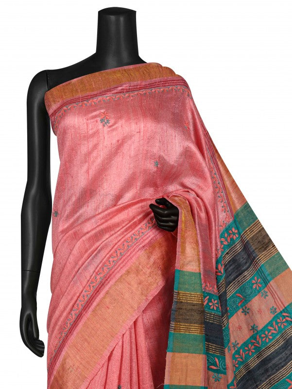 Ada Hand Embroidered Pink Chanderi Lucknowi Chikankari Saree With Blouse A545499