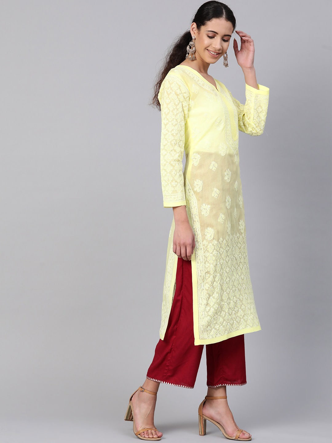 Ada Hand Embroidered Lemon Cotton Lucknow Chikankari Straight Kurta A100379