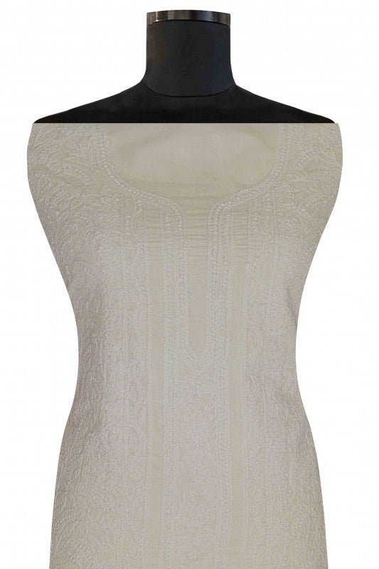 Ada Hand Embroidered Cream Cotton Chikan Unstitched Kurta Piece-A512197