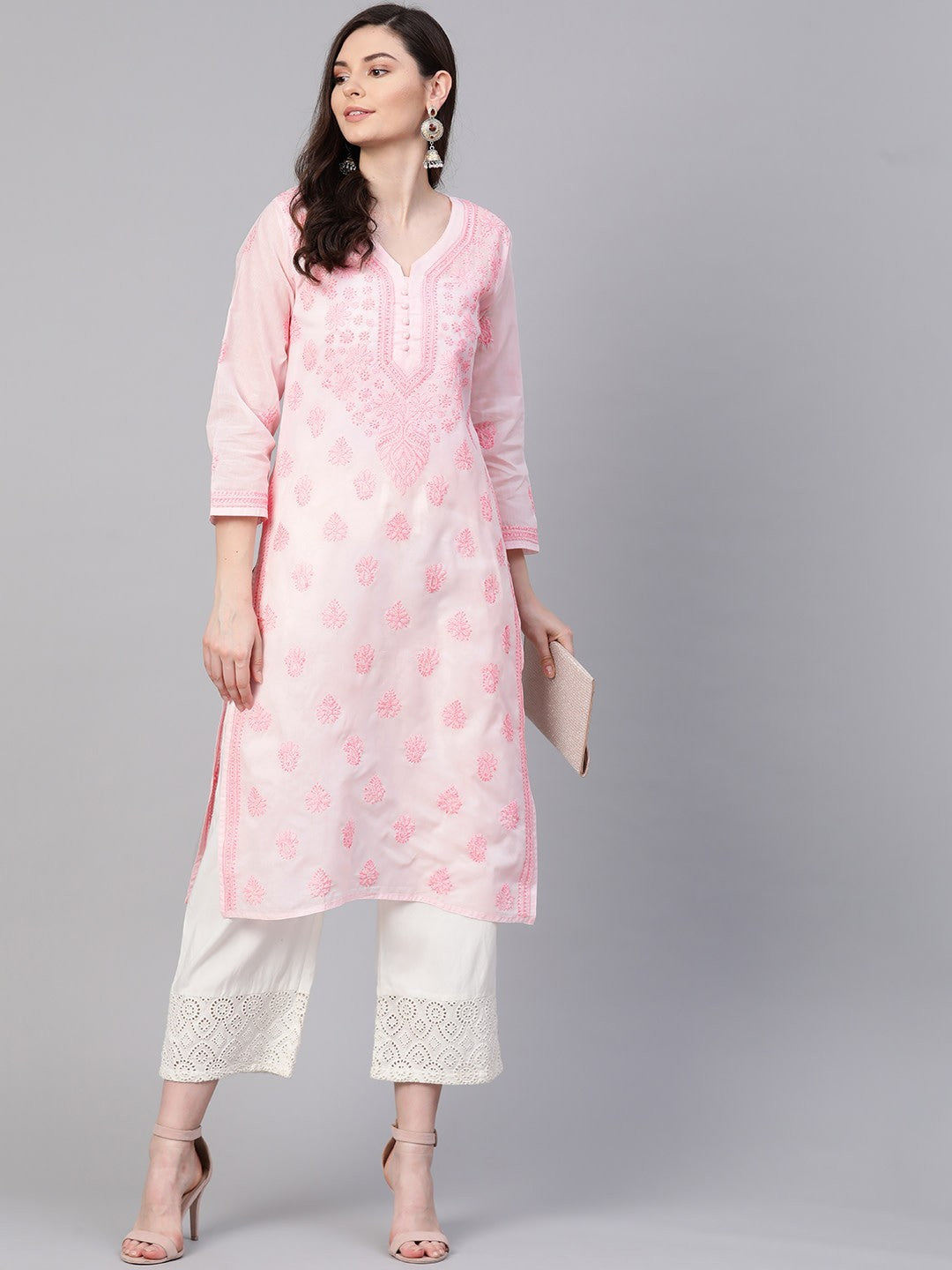 Ada Hand Embroidered Baby Pink Cotton Lucknowi Chikankari Straight Kurta A100365