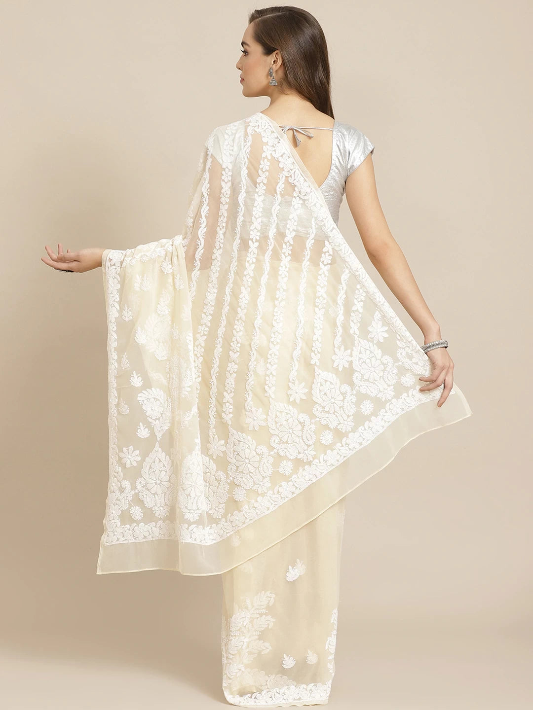 Ada Hand Embroidered Fawn Georgette Lucknow Chikan Saree with Blouse A311299