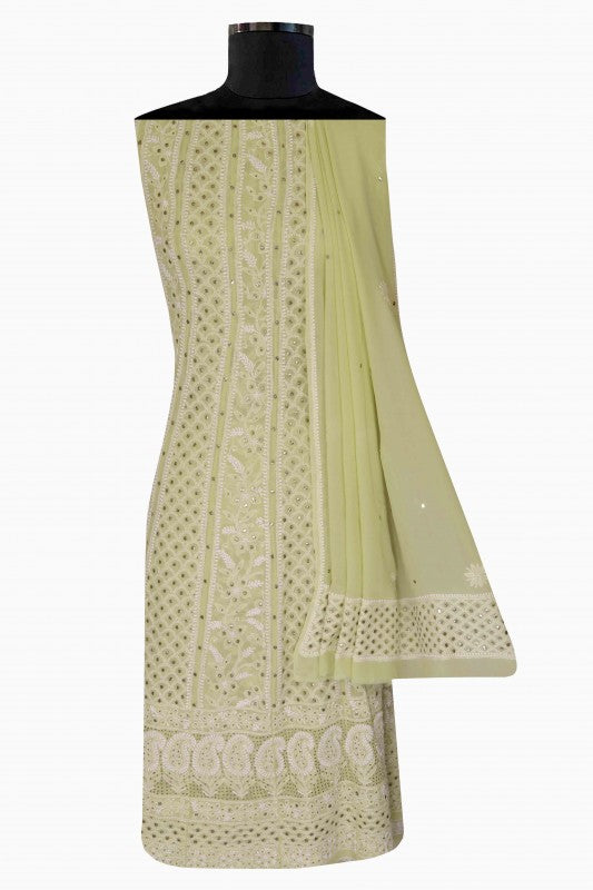Ada Hand Embroidered Lemon Pure Georgette Lucknowi Chikan Semi-Stitched Anarkali Kurta Dupatta Set With Muqaish Work-A328561