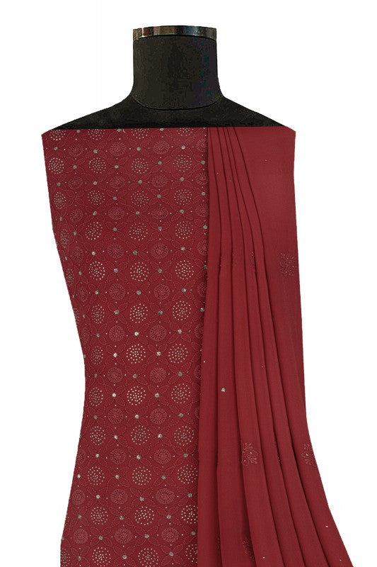 Ada Hand Embroidered Garnet Red Georgette Lucknowi Chikan Unstitched Kurta Dupatta Set With Muqaish Work- A610637