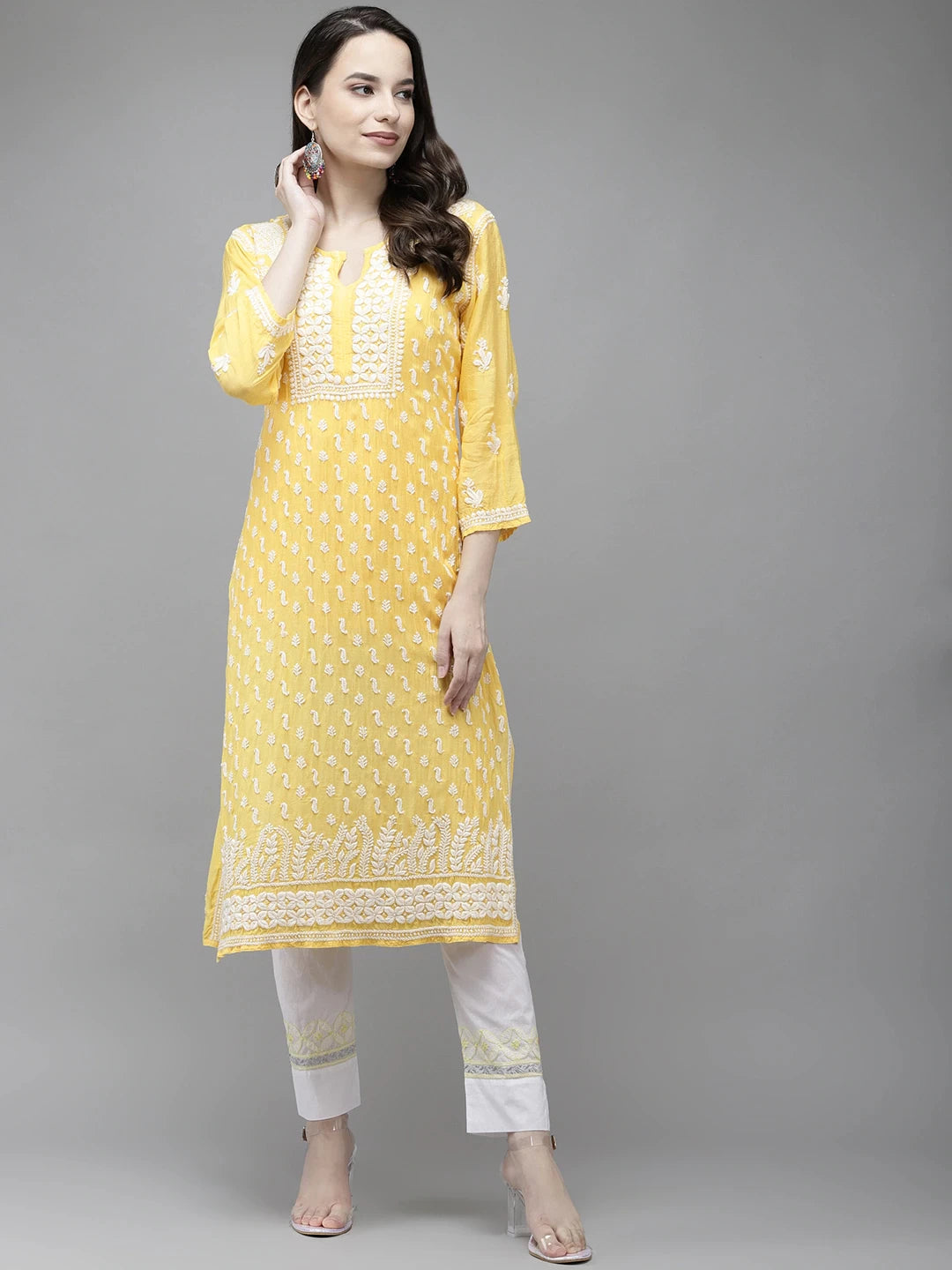 Ada Hand Embroidered Yellow Muslin Lucknowi Chikankari Kurta A411295