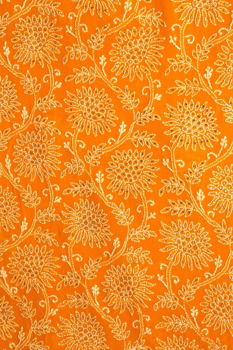Ada Hand Embroidered Turmeric Yellow Pure Georgette Lucknowi Chikan Unstitched Kurta Piece With Muqaish Work-A456855