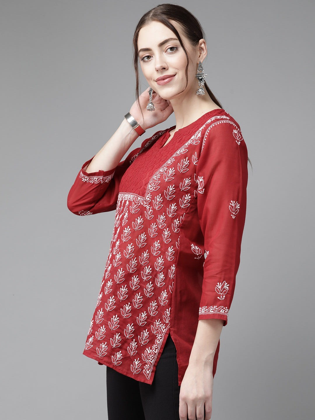 Ada Hand Embroidered Red Cotton Lucknow Chikan Kurti A911213