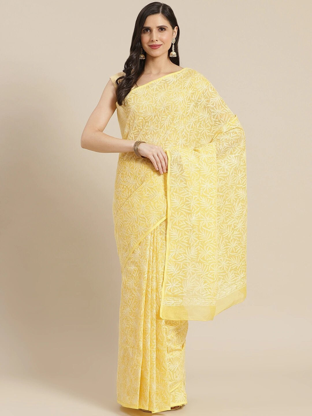 Ada Hand Embroidered Yellow Kota Lucknow Chikan Saree With Blouse-A311288