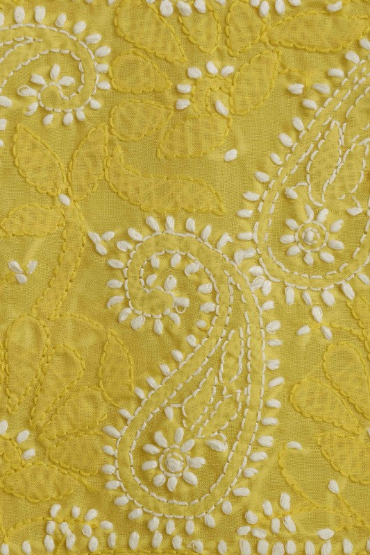 Ada Hand Embroidered Yellow Cotton Lucknowi Chikan Unstitched Suit Piece–A100246