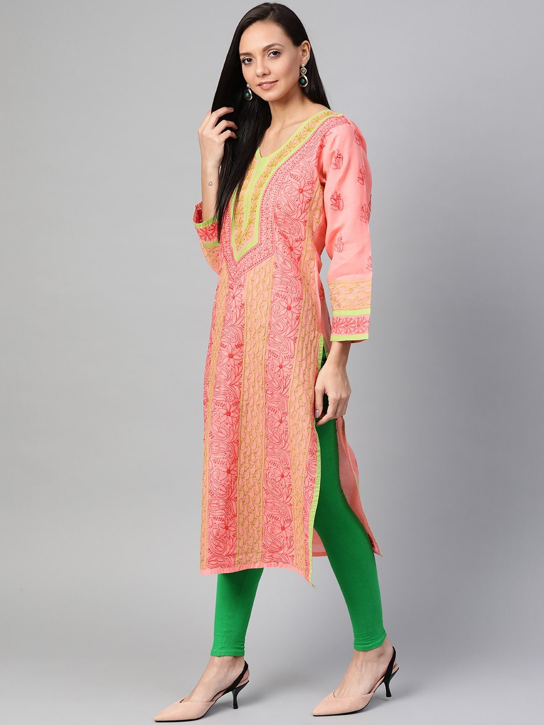 Ada Hand Embroidered Peach Cotton Lucknow Chikan Straight Kurta A273486