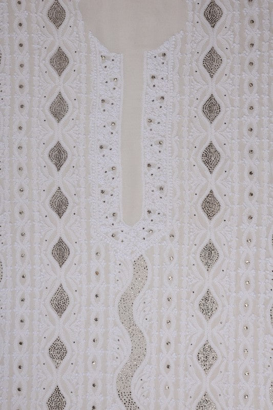 Ada Hand Embroidered White Pure Georgette Lucknowi Chikan Unstitched Men's Kurta Piece With Muqaish Work- A604625