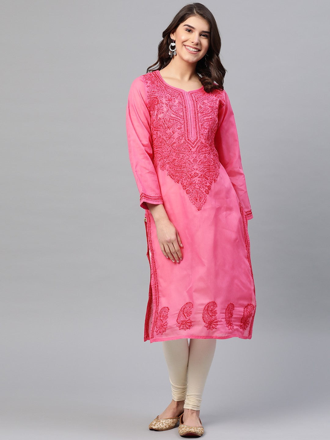 Ada Hand Embroidered Pink Cotton Lucknowi Chikan Straight Kurta A238185