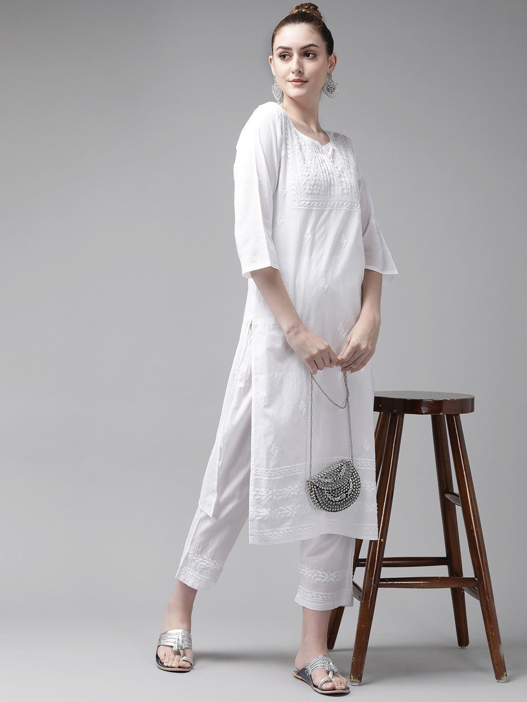 Ada Hand Embroidered White Cotton Lucknowi Chikankari Straight Kurta Set A811197