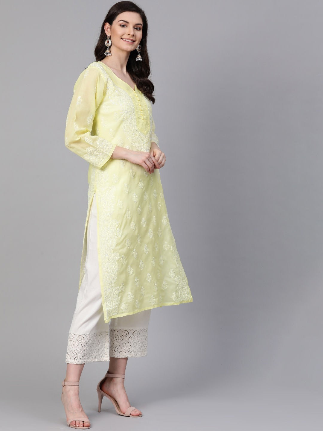 Ada Hand Embroidered Lemon Cotton Lucknowi Chikankari Straight Kurta A100355