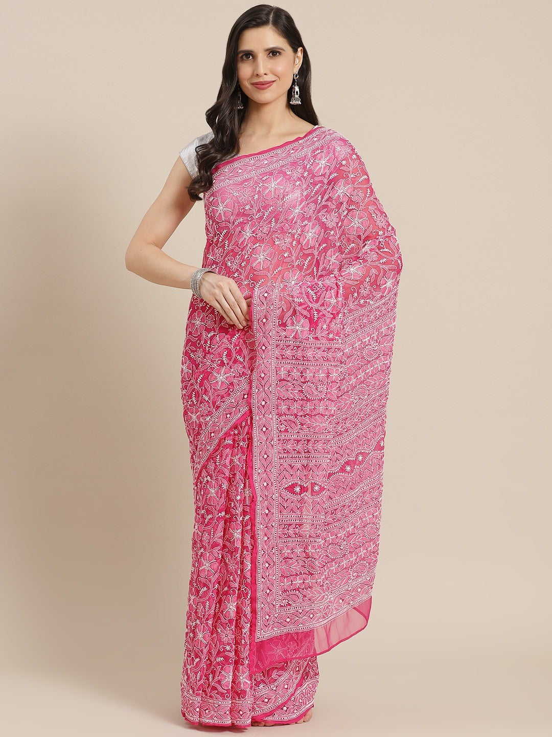 Ada Hand Embroidered Magenta Georgette Lucknow Chikan Saree with Blouse A311307