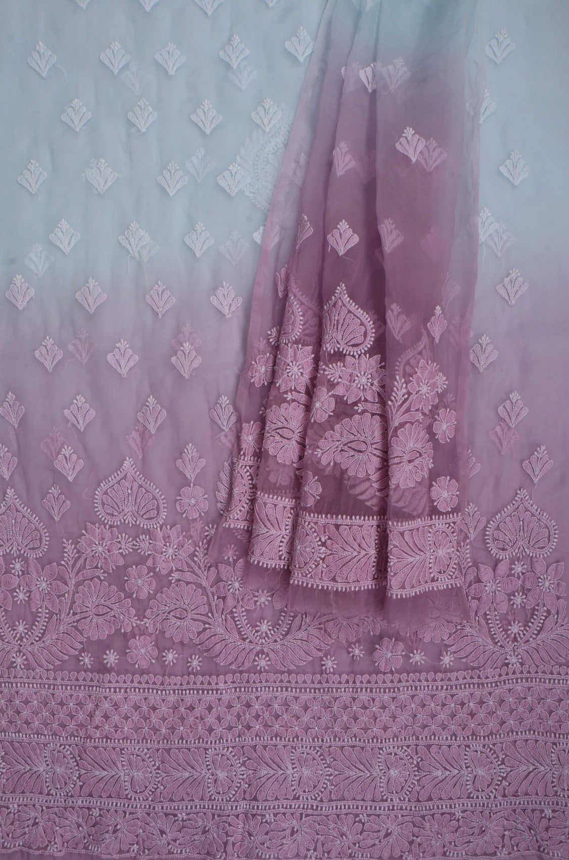 Ada Hand Embroidered Blue And Pink Ombre Shade Organza Lucknowi Chikankari Unstitched Kurta Dupatta Set 01A270924