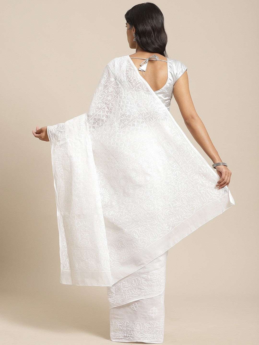 Ada Hand Embroidered White Kota Lucknow Chikan Saree With Blouse- A311117