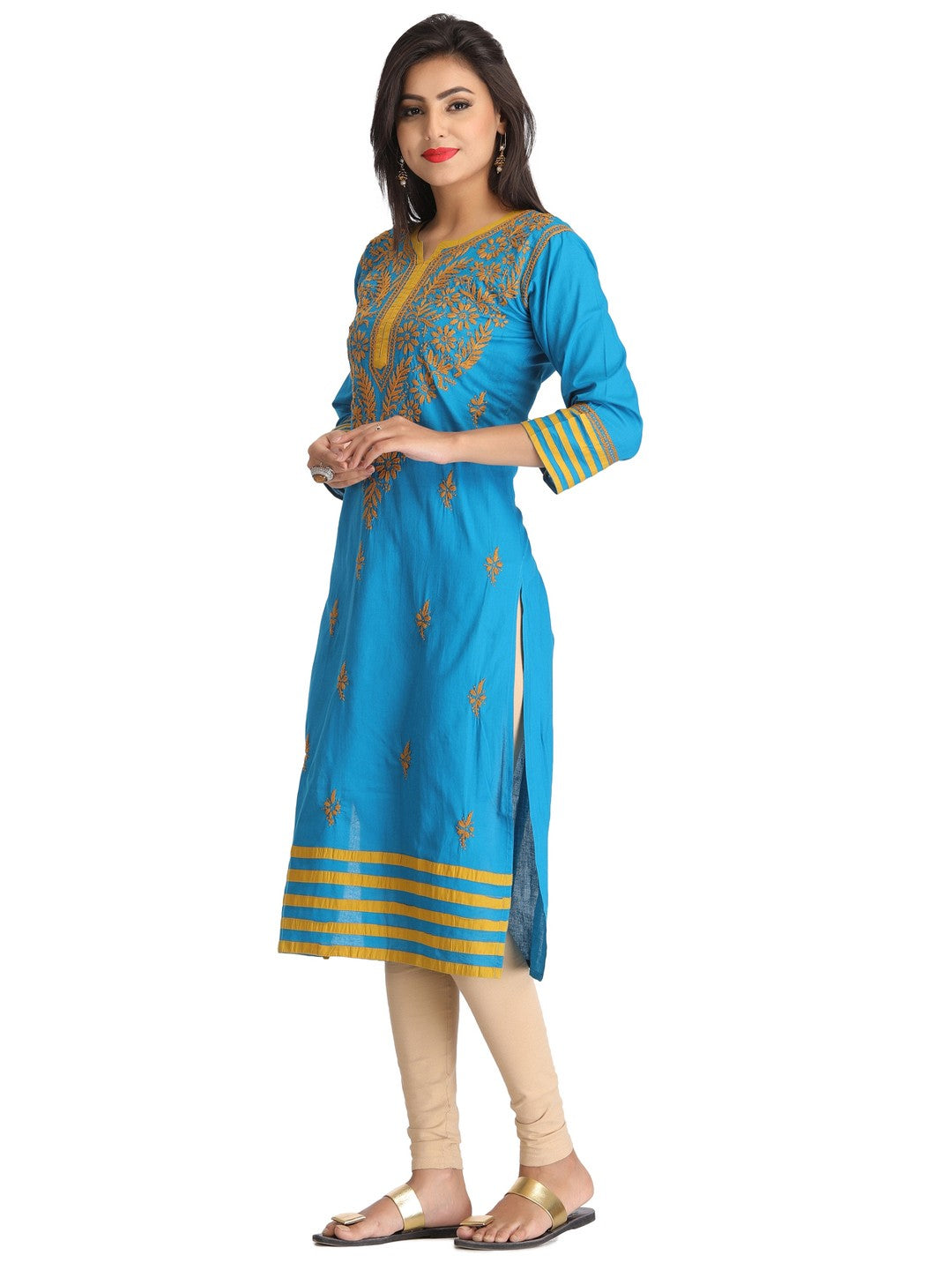 Ada Hand Embroidered Blue Cotton Lucknow Chikankari Straight  Kurta A136049