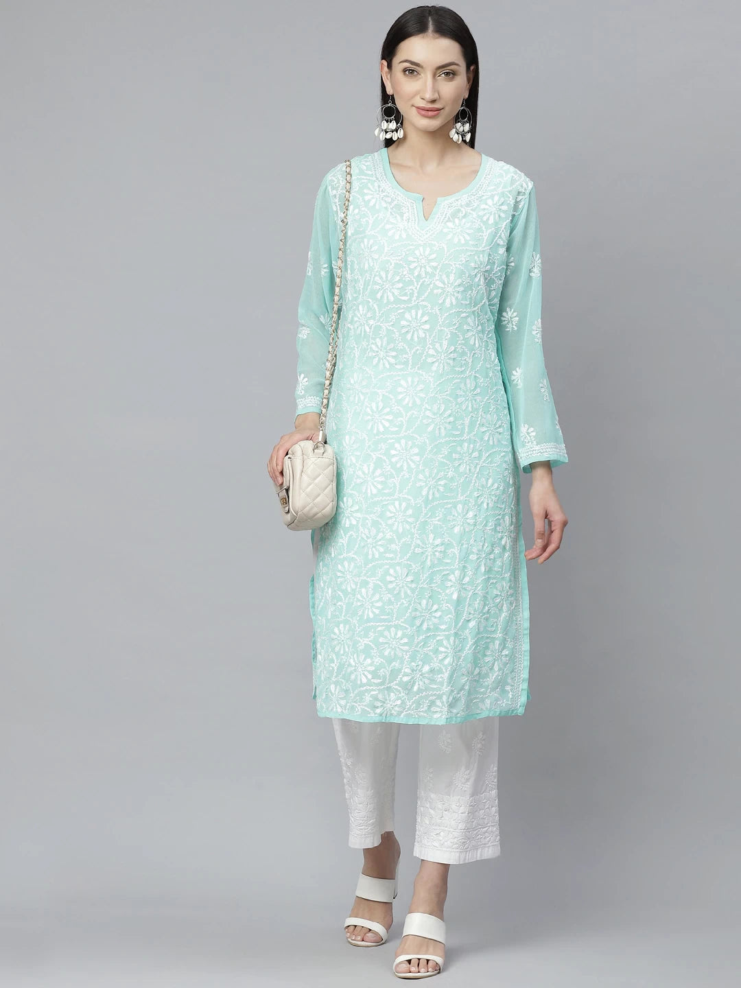 Ada Hand Embroidered Sea Green Georgette Lucknowi Chikankari Kurta Palazzo Set With Slip A811142