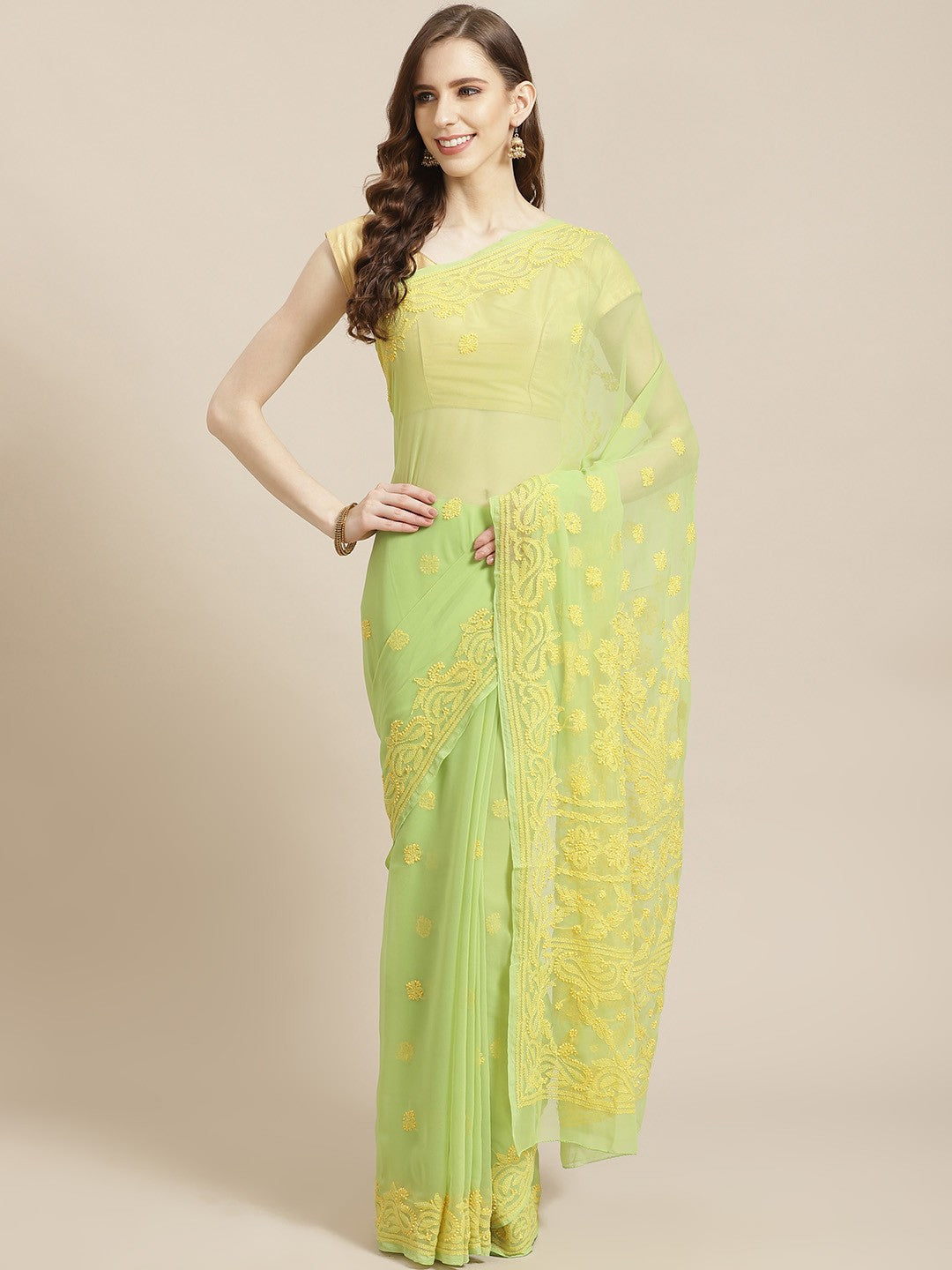 Ada Hand Embroidered Green Georgette Lucknow Chikan Saree With Blouse A311198