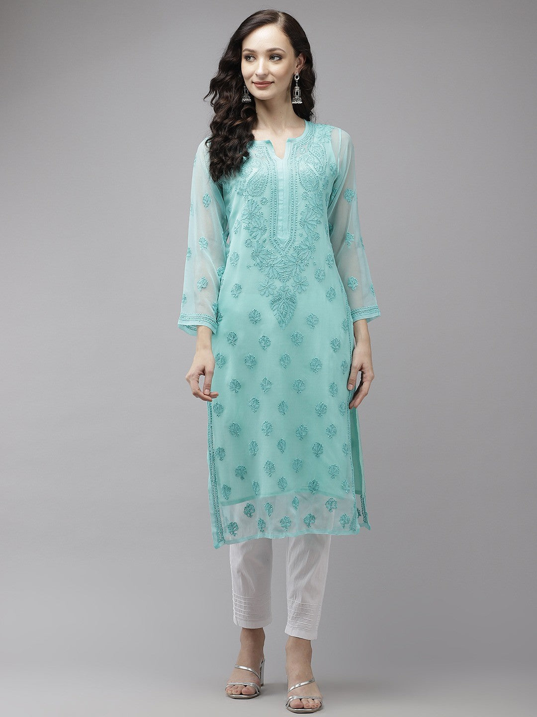 Ada Hand Embroidered Sea Green Georgette Lucknowi Chikankari Kurta Set With Slip A811219