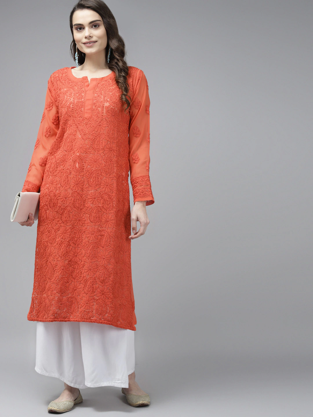 Ada Hand Embroidered Orange Georgette Lucknow Chikan Kurta A411384