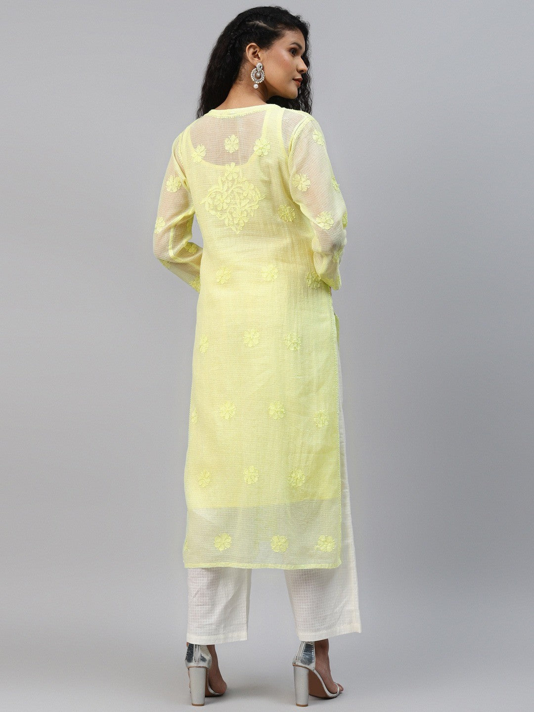 Ada Hand Embroidered Lime Green Kota Lucknow Chikankari Straight Kurta With Slip A411216